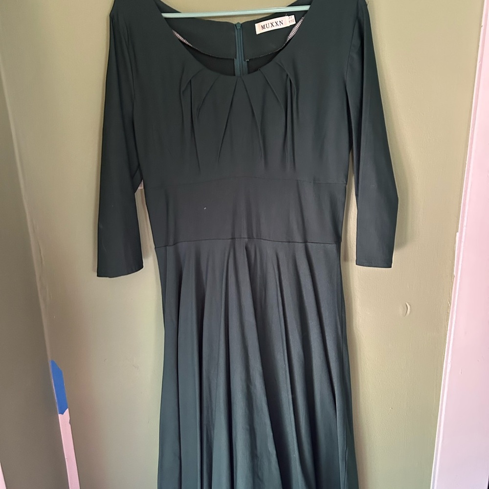 Muxxn Dark Green Pleated A-Line Dress